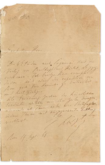 LISZT, FRANZ. Two items: Autograph Letter Signed * Fragment of Autograph Musical Manuscript, unsigned.